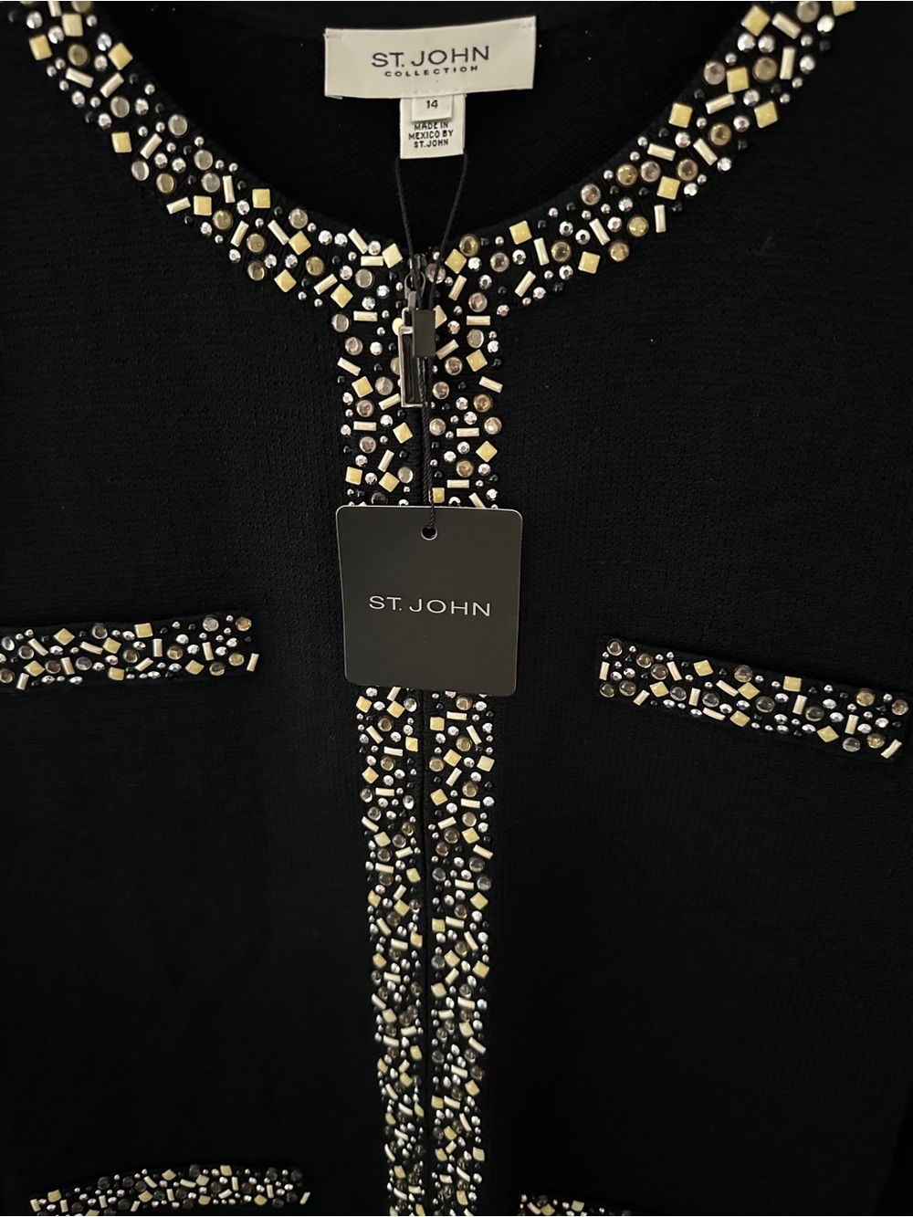 St. John Black Knit Jacket with Mixed Metal and Cream Embellishment
